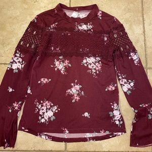 Girls Burgundy 7-8 Floral Lace Blouse